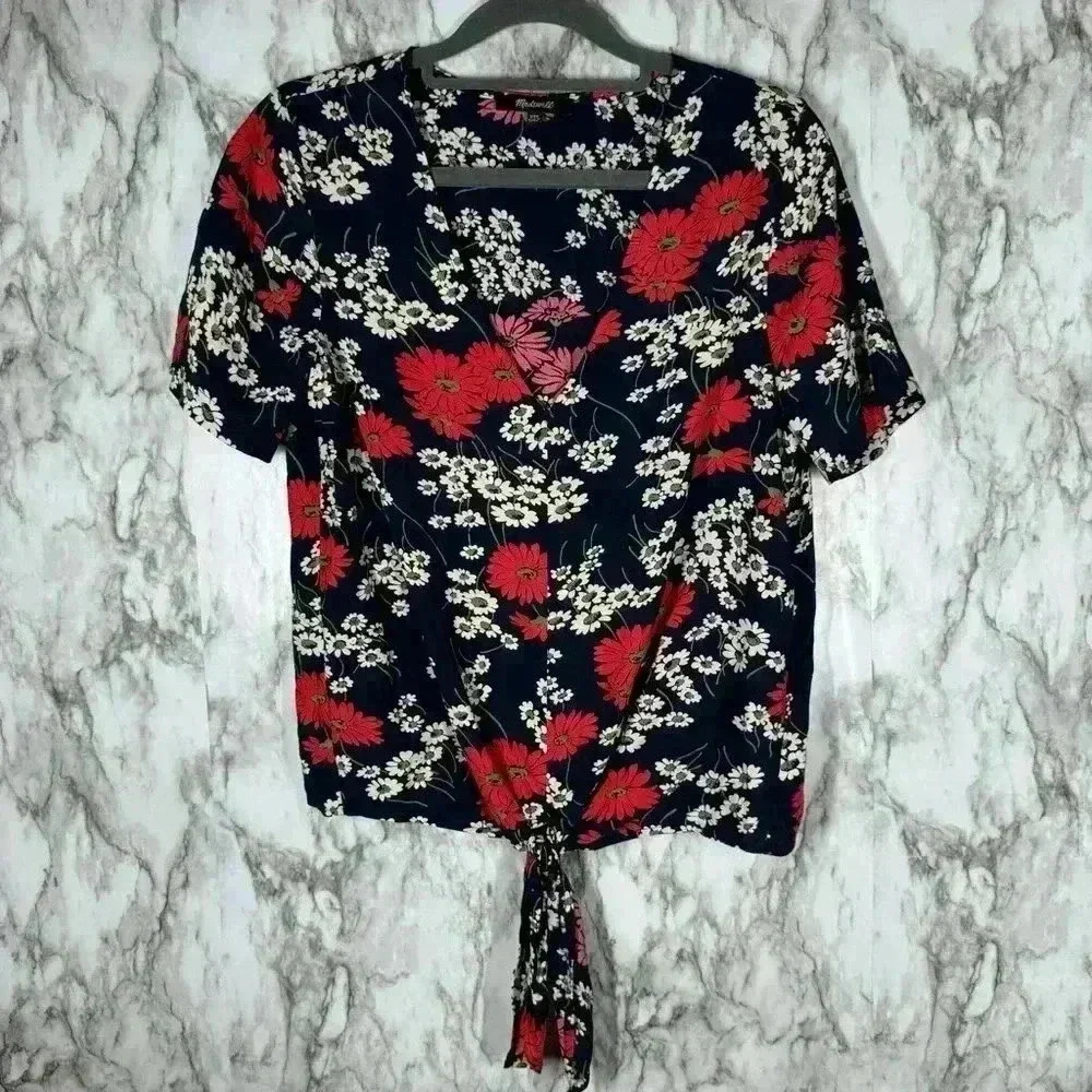 Madewell Women's Floral Short Sleeve Tie Front Top Hillside Daisies Sz XXS